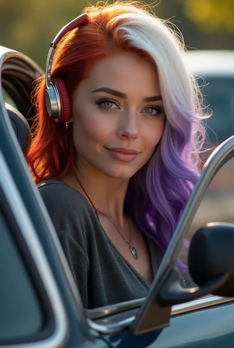 red-haired woman,woman with white hair,woman with purple hair and headphones,getting into a car in the afternoon