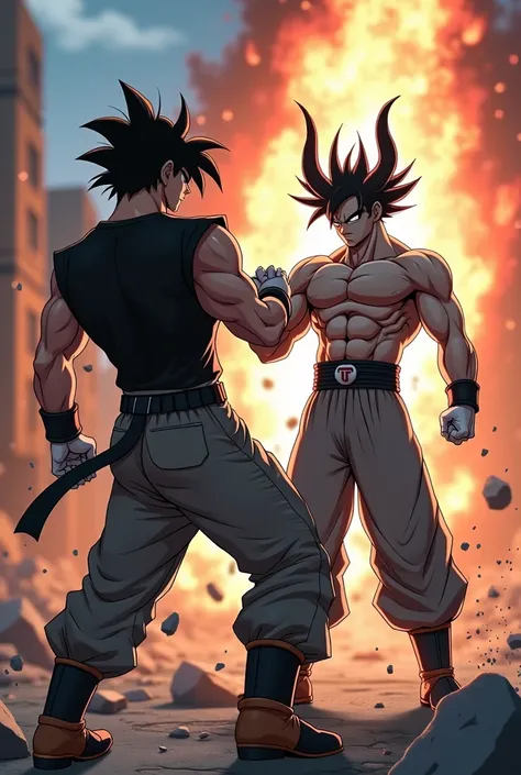 make an anime type video of 2 characters, Character 1, his shirt is black and his pants are like Goku&#39;s but gray and the gloves are gray too, The hair will be different, it will be black, the character will have muscles and character 2 is a demon with ...