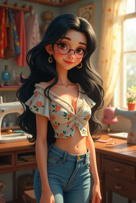 Disney type image of a woman with long black hair and white skin, Wears glasses ,  small eyes likes dressmaking has a cutting workshop , She likes to wear jeans and a floral blouse. 