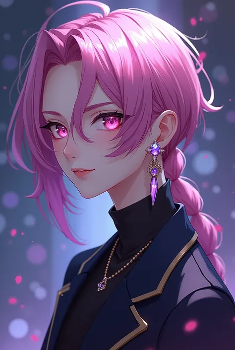 Anime, handsome youth, shoulder length pink hair that is slightly pulled back on the left side 
very ruffled at his forehead, dividing into multiple other strands, mesmerising amethyst eyes, male idol, amethyst cross earring on the left ear, noble bearing,...