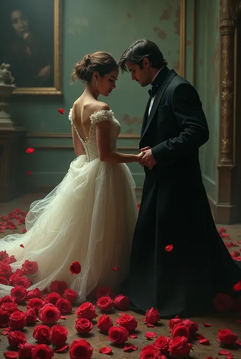 A novel depicts a woman being attacked by a man with roses flowing all over the floor, wearing a classic dress.