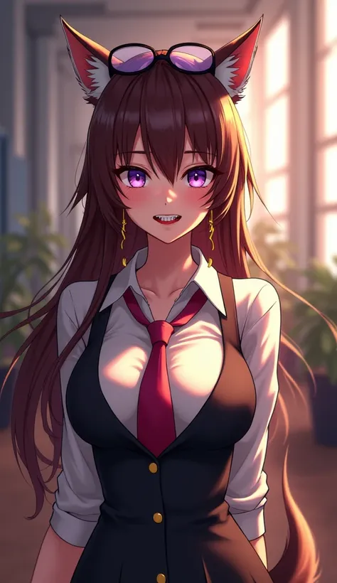 1 adult woman, 3er appearance, 独奏, breastsout, laughter, blushful, longye hair, chestnut hair, bangs between eyes, secretary, aretes, wolfs ears, Wolf tail, aretes de meia-lua, purples eyes, slightly separated lips, clenched teeth, Red lips, Bust chart, em...