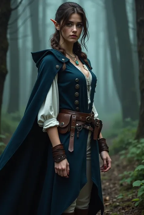 a very beautiful and proud young woman standing in the half-light, half-elf, pointed ears, sorcerer, mysterious forest, dark brown hair gathered in a low ponytail and deep blue eyes, a long dark blue tunic with silver sleeveless decorations fastened in the...