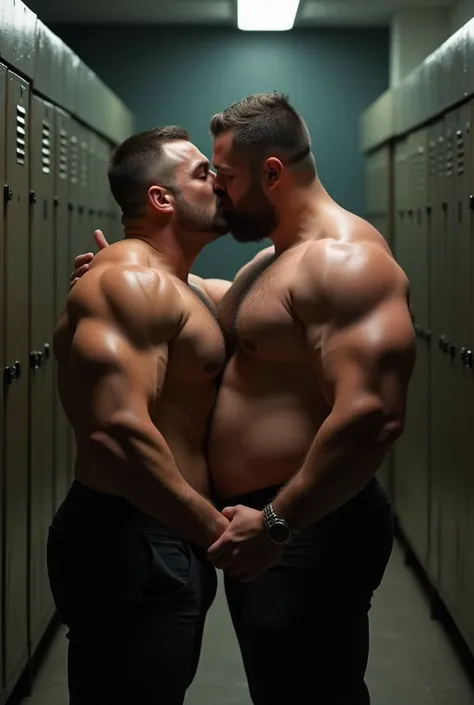 Younger bodybuilder naked kissing passionately an older man fat man in a locker room 