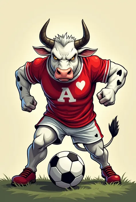 A white cow with black heart shaped spots, the cow is angry and is a soccer player, the theme of the team its in is red colored, with the letter A on the shirt. The image has to get a arcade style, with no background