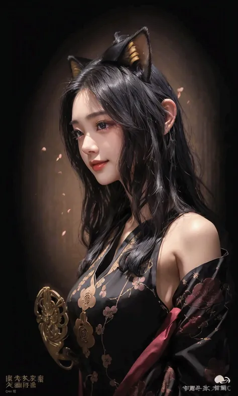 1 Girl,（improve quality：1.4），（Top quality real texture skin), Delicate face,Black Hair, Fox ears on both sides, Petite figure,（Perfect body：1.1）, Sparkling pupils，Long eyelashes,Grin， Hyperrealism, Movie Lighting, Projection Insertion, Surrealism, Ultra HD...