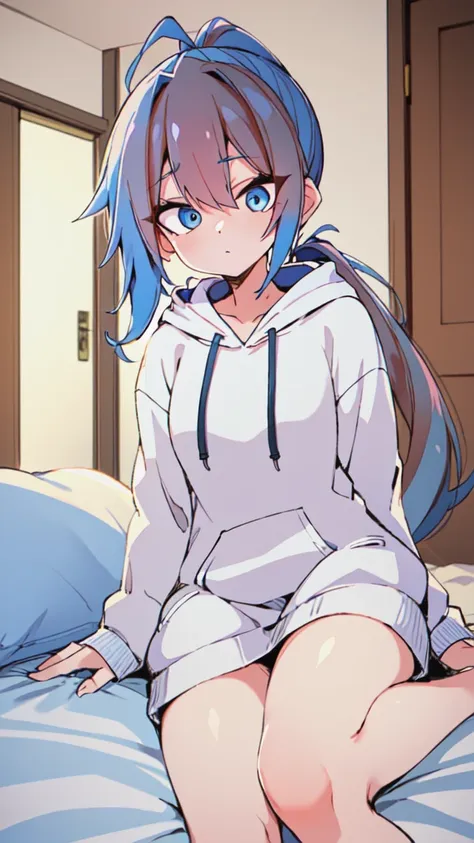 female,alone,Loveliness,cuteness,Pretty,ponytail,navy blue hair,blue eyes,In front of the front door,pose lying on bed,house,dull appearance,Hoodie that slightly reveals the lining,maturity,2,White hoodie,Height 153cm