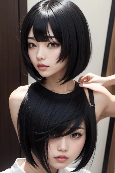 Korean black bob hair with bangs in modern front style