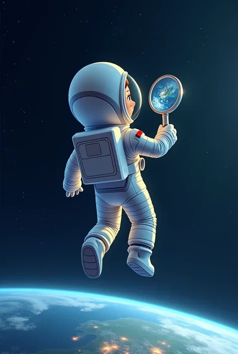 astronaut floating in space，Facing away from the camera，Facing the Earth，The astronaut holds a magnifying glass in his right hand，Observing the Earth through a magnifying glass，No need to generate images in the magnifier，Use cartoon 3D style