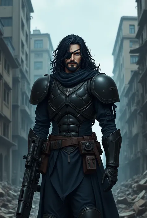 (8K Wallpaper Style), (Artwork), (Master Piece 1:2), (Anime Style), 1 man, long curly black hair, blue iris color, short nose, wearing eye patch on left side, semi-crescent beard, wearing black military juggernaut armor, holding RPG in left hand, dark post...