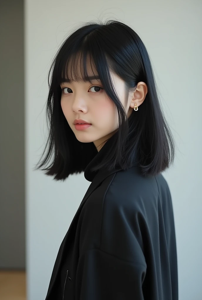 Korean black bob hair with bangs wearing modern style clothes from the front