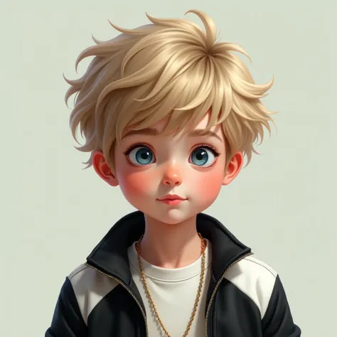 Boy with blond hair and blue eyes wearing a black and white jacket 