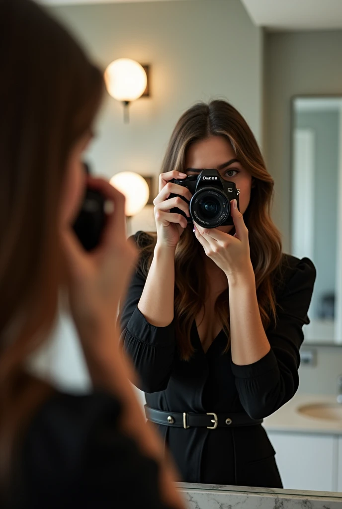 Create a woman taking a photo in the mirror