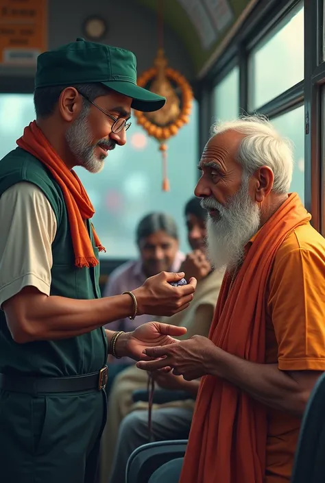 The indian conductor, a stern but kind face, stands by the indian old man, holding out his hand for the fare. The old man searches for his money, his face etched with concern. The Ganesha idol is a subtle presence in the background in bus.