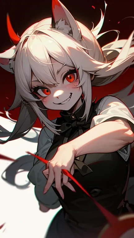 masterpiece,insanely detailed, a girls, kemono, furry face, devil smiling, bleeding from the mouth, grinning, narrow eyes, white background, upper body, dutch angle shot