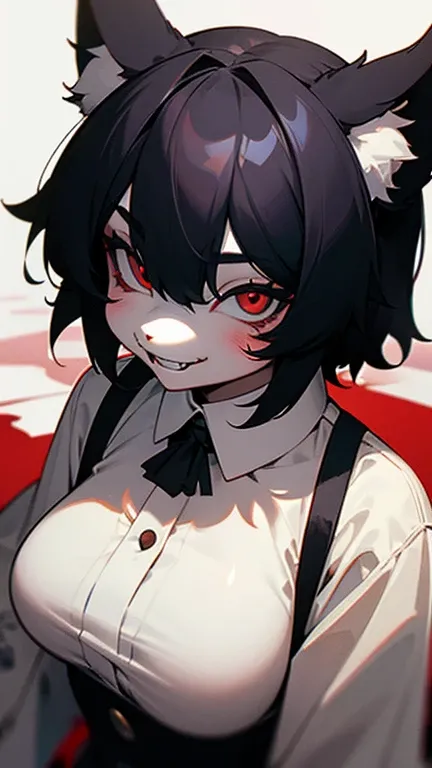 masterpiece,insanely detailed, a girls, kemono, furry face, devil smiling, bleeding from the mouth, grinning, narrow eyes, white background, upper body, dutch angle shot