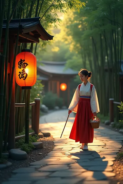 A young shrine maiden, dressed in a traditional white shiromuku with a crimson hakama and a eboshi hat, walks gracefully on a stone path lined with bamboo trees. The path is softly illuminated by a traditional Japanese andon paper lantern, casting intricat...