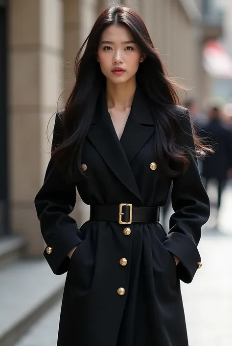 Korean woman with long black hair wearing classic Chanel outfit from the front