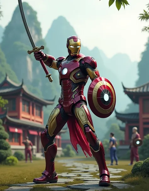 A highly detailed and realistic Iron man, intricate armor, katana sword in left hand, shield on back, day time mountain Kung fu school background with children, dynamic pose, day time lighting, masterful 3D rendering, hyper realistic, photorealistic, award...