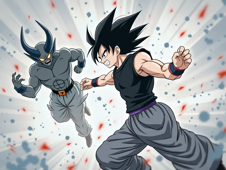 make an anime type video of 2 characters, Character 1 has a black shirt and pants like Goku&#39;s but gray, and the boots will be black and the gloves are also gray., The hair will be different, it will be black, the character will have muscles and charact...