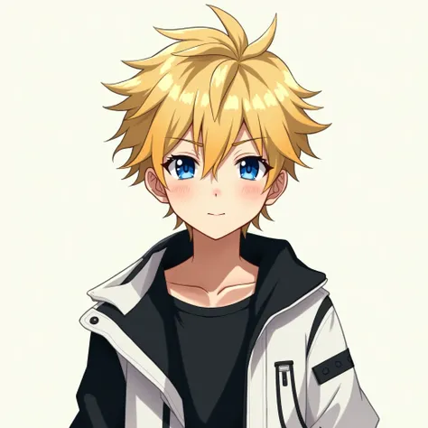 Boy with blond hair and blue eyes wearing a black and white anime style jacket