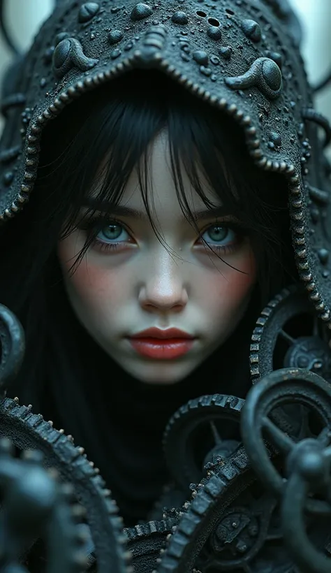 a girl in a dark mysterious wonderland, extremely detailed eyes and face, long eyelashes, beautiful detailed lips, intricate gothic architecture, gears and machinery, twisted and surreal landscape, dark fantasy, moody lighting, dramatic chiaroscuro, muted ...