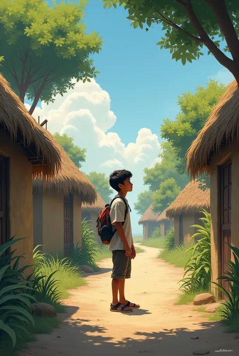 **Ali’s Ordinary Life:**
   - Visualize a simple village scene with Ali, a young man, looking out towards the horizon with a thoughtful expression. The background includes small huts, trees, and a dusty path.