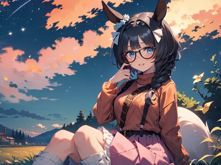 独奏, alone, (woman with horse ears), (horse ears), (girl with horse ears), (Sitting flat,Duck sitting,Girl sitting), nice breasts, (wearing pink glasses), pink lipstick, cheeks, pink sweater, pink knee-high socks, pink skirt, starry sky, levitation, breeze,...