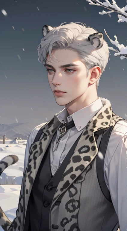 masterpiece, best quality, realistic, 1man, mature male, quiet and charming 1male, 2, close his eyes, serious look, extremely detailed face, delicate face, ((gray eyes)), ((short-right-swept white and gray hair)), (((snow leopard ears))), (((snow leopard l...