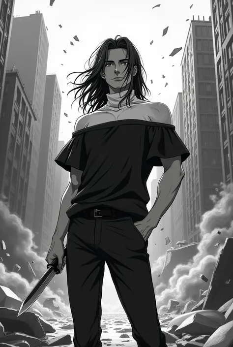 Long haired man wearing a white headband, standing in front of a city in the process of being shattered and torn, black and white landscape, ((man wearing black off shoulder top with white turtle neck top inside) (knife in hand), grin, (4k ultra HD) anime ...