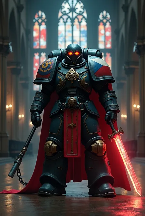 prompt Art czech space marine, dark sci-fi, warhammer 40k, figure, power armor, realistic, church background, catholic inspiration, night, glowing red eyes, Space marine with chain sword and czech colors