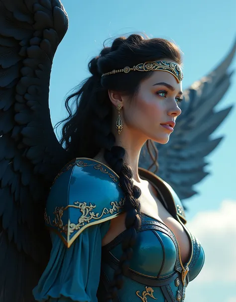 GORGEOUS WINGED VALKYRIE FLYING THROUGH THE SKY , WARRIOR WOMAN, BLUE SKY BACKGROUND, DIFFUSED LIGHTS ON FACE, BACK LIGHTS ON HAIR, GOLDEN BODY AURA, HUGE BLACK WINGS, BLACK FEATHERS, VERY BLACK HAIR, CLOSE FACE SHOT, HUGE LONG HAIR, HUGE STRAIGHT LONG HAI...