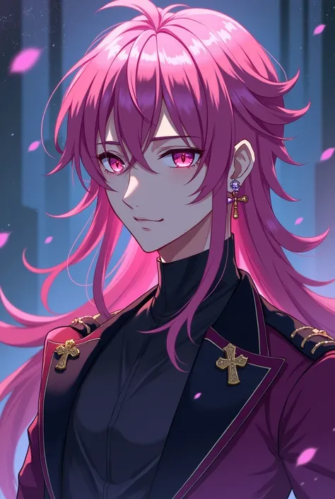 Anime, handsome youth, long pink coloured hair that is slightly pulled back on the left side 
very ruffled at his forehead, dividing into multiple other strands, mesmerising pink eyes, male idol, amethyst cross earring on the left ear, noble bearing, demon...