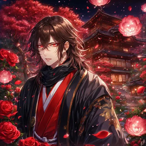 absurdres, highres, ultra detailed, HDR) master piece, best quality, extremely detailed, detailed eyes, detailed face, Kageura Renka, medium dark brown hair, expressive red eyes, Touken Ranbu, solo, sexy man, handsome, adult face, red kimono, black haori, ...