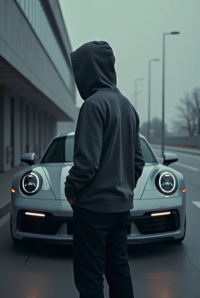 Porsche car and one man wher hudi and stand front of car


