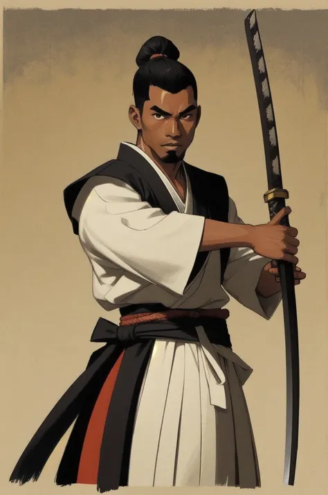 illustration of a black man, samurai, contrasting colors, incredible illustration, katana, guard pose