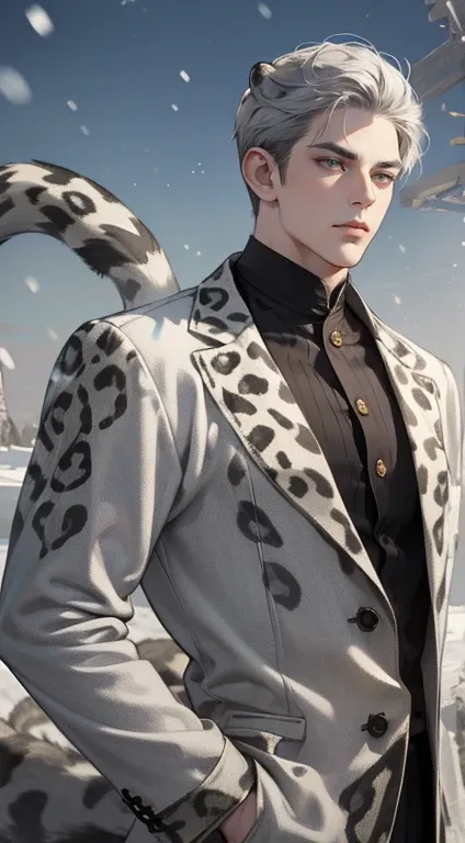 masterpiece, best quality, realistic, 1man, mature male, quiet and charming 1male, 2, close his eyes, serious look, extremely detailed face, delicate face, ((gray eyes)), ((short-right-swept white and gray hair)), (((snow leopard ears))), (((snow leopard l...