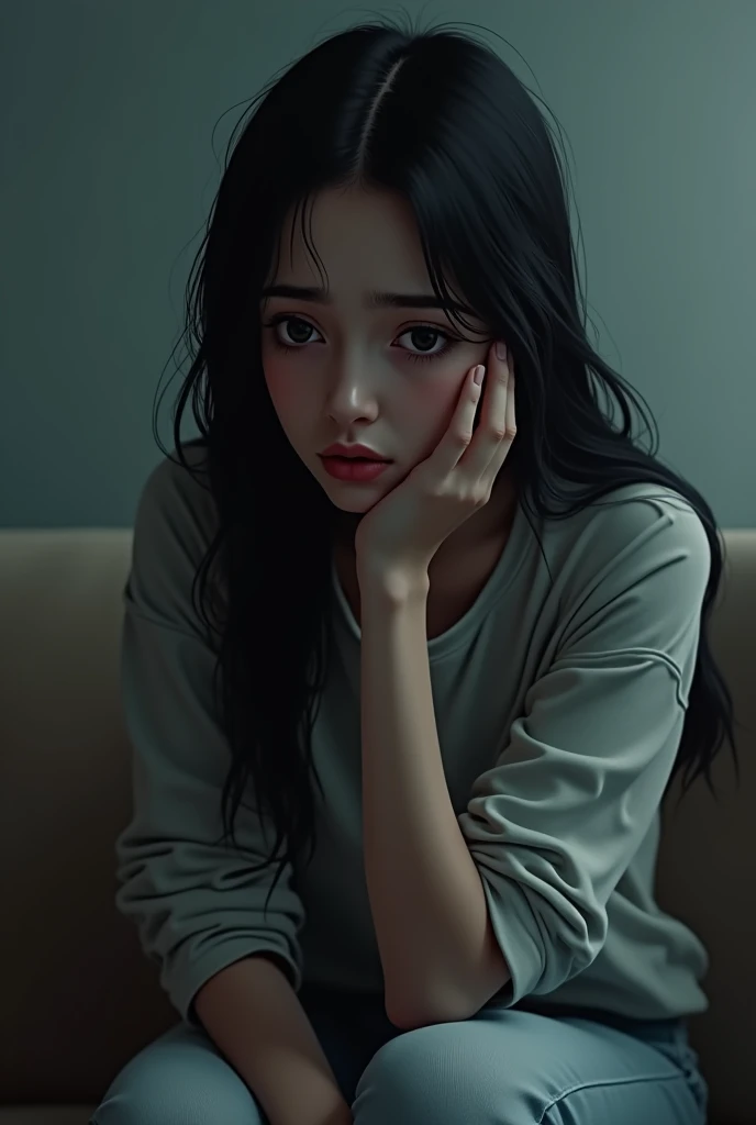 Worried black haired girl sitting AI
