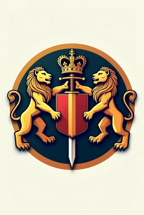 Circular logo of two lions on both sides surrounded by swords and a shield in the middle of both and at the top center a lioness with a crown 