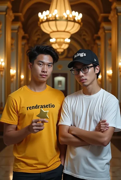 Realistic photography, young Indonesian man wearing a yellow t-shirt that says "rendrasetio" with a shocked expression holding a gold star botton. Beside him, a young man with an Indonesian face wearing a black snapback that says "KINGS", white t-shirt, bl...