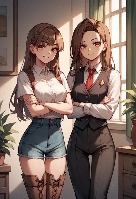 check_9, check_8_up, check_7_up, check_6_up, check_5_up, check_4_up, source_anime, 2 girl,Laura:amber1-000008:1>, Amber5star, upper body, smile, young, Brown hair, long hair, Brown eyes, black vest, White shirt, thigh high boots, crossed arms, I look at th...