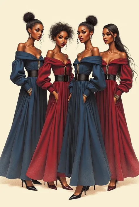 brown pencil sketch), four (fashion models), dark skinned young women in their 20s, (posing elegantly), in long loose bustier off shoulder corsert coats fl, high collar in dark blue and maroon colours, shimmering beautifully designed, in wool fabrics, soft...