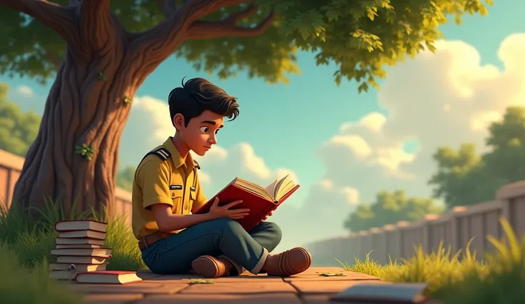 *in Cinematic 3d style  cartoon image *Scene 2: Mohans Dream and Struggles
Mohan sitting under a tree, reading his old, tattered textbooks with intense focus.
He imagines himself as a successful officer in a dream-like visual—dressed in formal attire, resp...