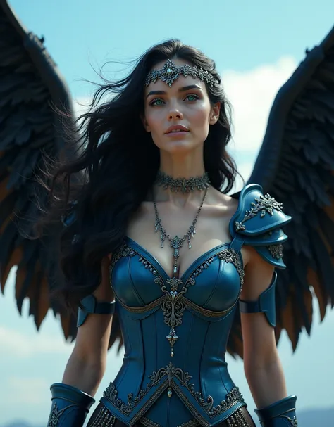 GORGEOUS WINGED VALKYRIE FLYING THROUGH THE SKY ,NORSE FEMALE BEAUTY, BLUE SKY BACKGROUND, DIFFUSED LIGHTS ON FACE, BACK LIGHTS ON HAIR, GOLDEN BODY AURA, HUGE BLACK WINGS, BLACK FEATHERS, VERY BLACK HAIR, CLOSE FACE SHOT, HUGE LONG HAIR, HUGE STRAIGHT LON...