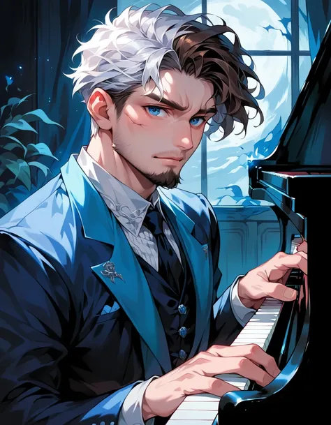 A handsome, tall, muscular man, mature male, mid age, viewed from his front slightly to the left, wears an old and cracked mask that covers his face, wears an old formal outfit of 19th century, playing the piano, night, in a dark room lit by the blue moonl...