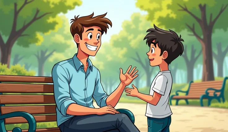 **Image Prompt:**

In a comic-style illustration, depict the student expressing gratitude to the professor:

- **Professor:** The young male professor, smiling warmly, dressed in a light blue shirt and dark trousers. He is seated on a park bench, showing a...