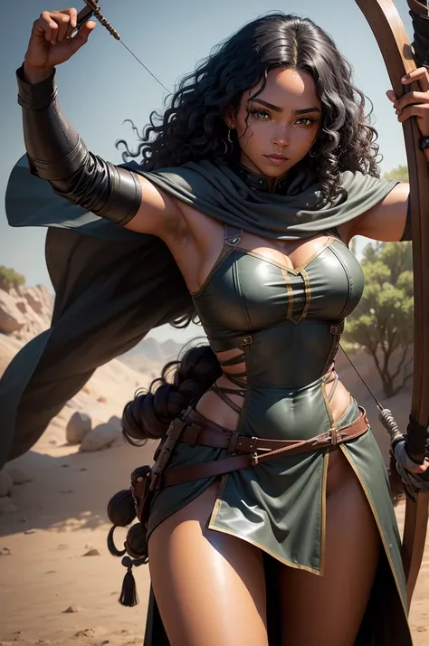 Human Archer Woman, dark-skinned, black and curly hair, greeneyes, dressed in light leather clothes and a gray cloak. Always with a longbow on his shoulder, is agile and has a confident personality.

