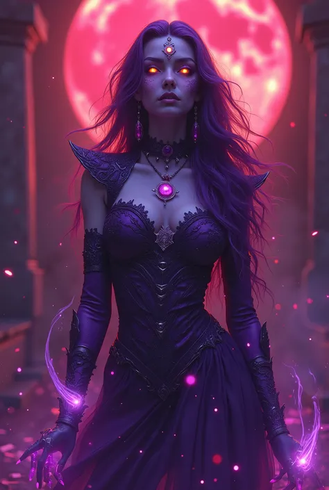 (best quality,4k,8k,highres,masterpiece:1.2),ultra-detailed,(Ultra-realistic, photorealistic,photo-realistic:1.37), Purple female Necromancer, beautiful, Blood Moon, Ray Tracing, highest quality, super high quality, Absurd detailed, best Light, Best Shadow...