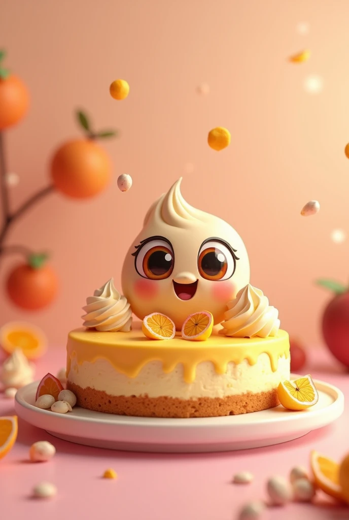  
passion fruit cheesecake with custard, animated character that has eyes and a mouth that is striking and cute 
