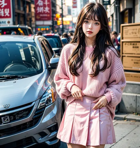 1girl, solo, perfect beauty, cute sweater, pink skirt, cute, 2, half korean half chinese, full lips, long hair, dark brown hair, bangs, single girl